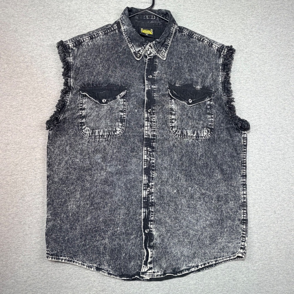 Biker Clothing Company Mens XL Acid Wash Denim Vest Sleeveless Shirt Fray Black